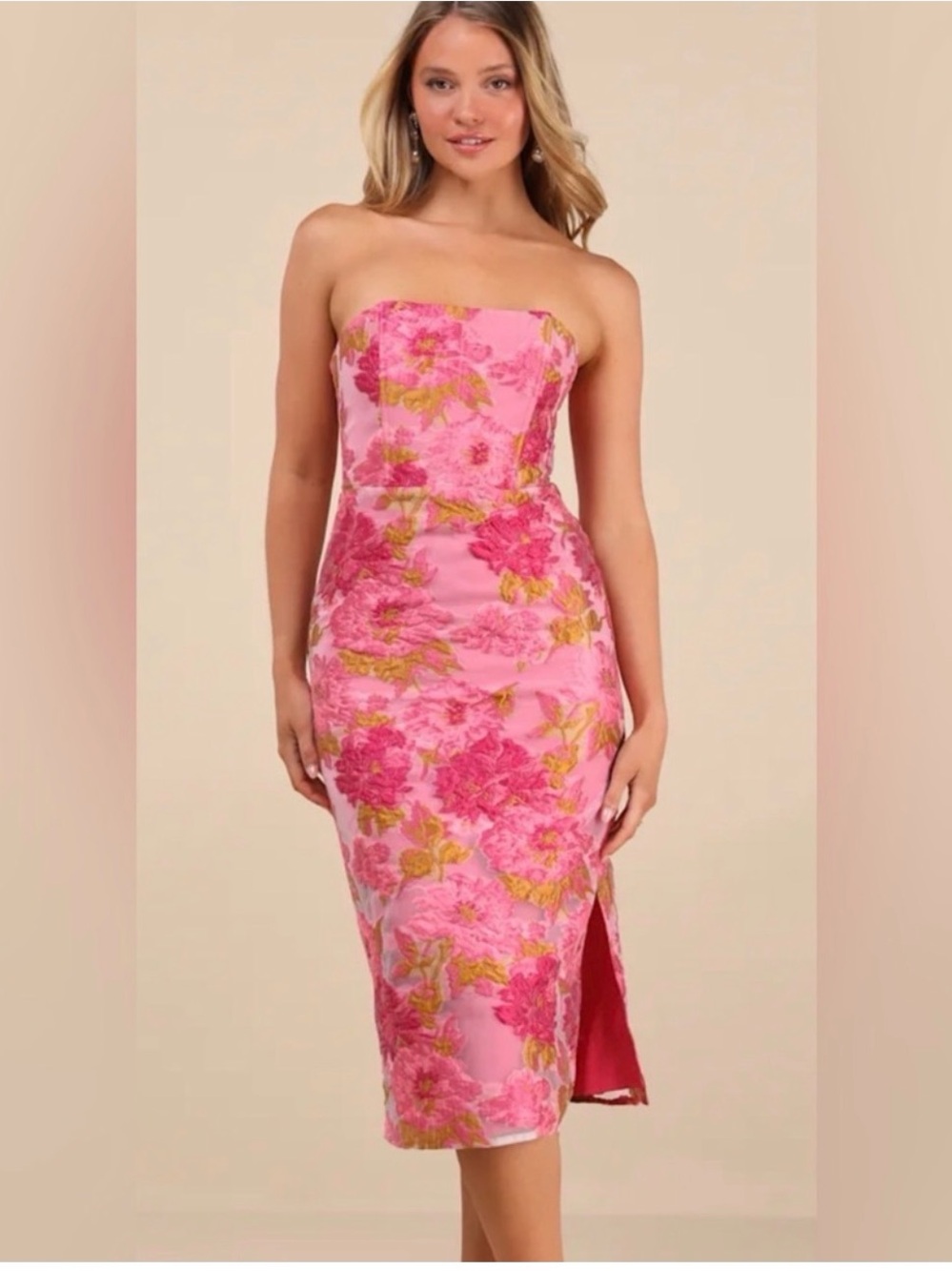 Lulu's Pink Floral Strapless Midi Dress with Gold Accents